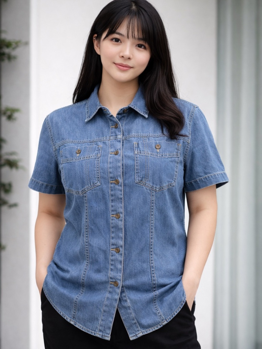 Liz Claiborne Lizwear Denim Shirt Womens Small Blue Cotton Short Sleeve